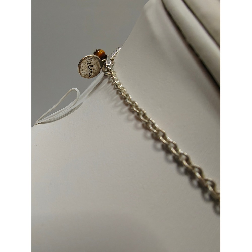Liz & Co Silver Tone Black Enamel Floral Y-Drop Necklace with Tigers Eye Accent